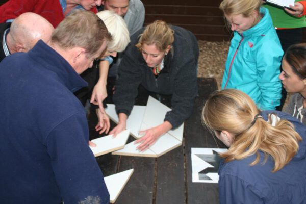 team bezig met tangram-puzzel