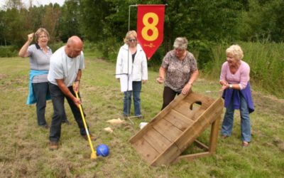 groep volwassenen spelen boerengolf