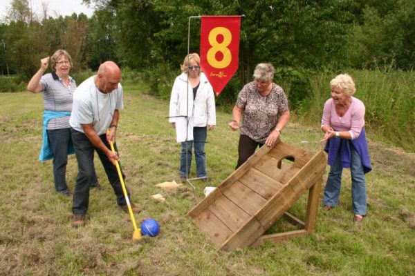 groep volwassenen spelen boerengolf