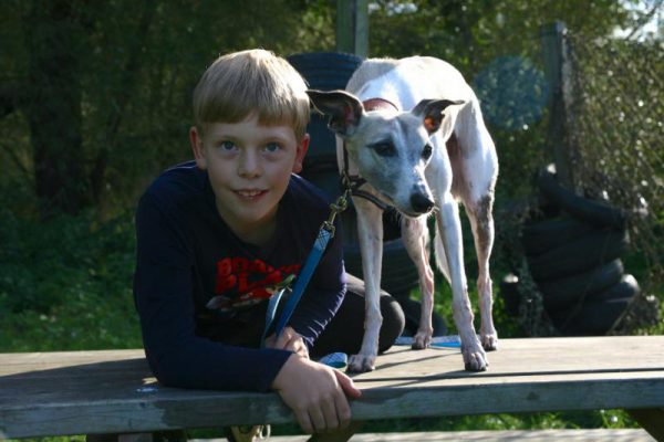 jongen poseert met zijn hond