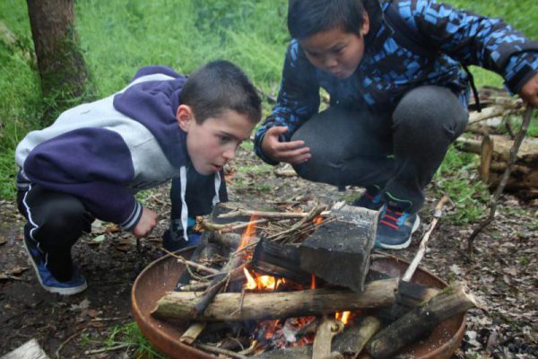 kinderen maken kampvuur