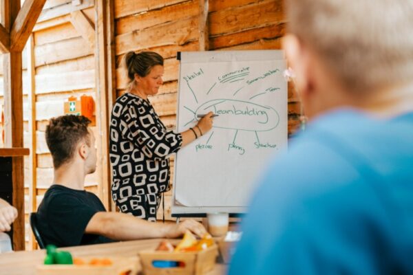 Woman leading a team building workshop in a rustic meeting room at Outdoorpark Almere, writing on a whiteboard.